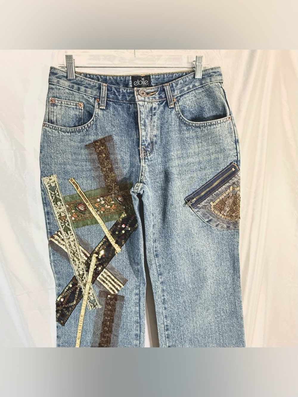 Etoile Rare One Of A Kind Straight Leg Mid Rise Embellished Jeans With Patches - Picture 5 of 10